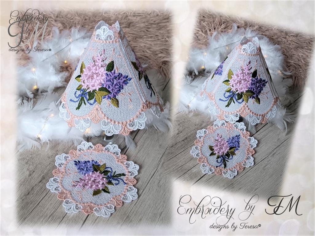 Wine glass shades with Lilac + coaster/ 5x7 hoop Embroidery by TM