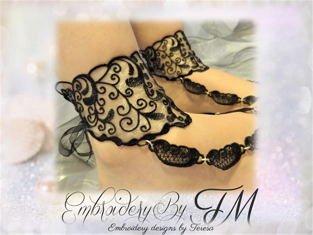 Barefoot sandals Black / 5x7 hoop/ long part is embroidery on organza + component only lace