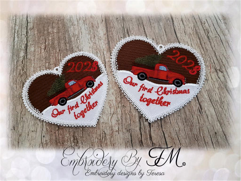 Christmas heart Red truck  2022 and 2023/ two sizes /combination felt and lace