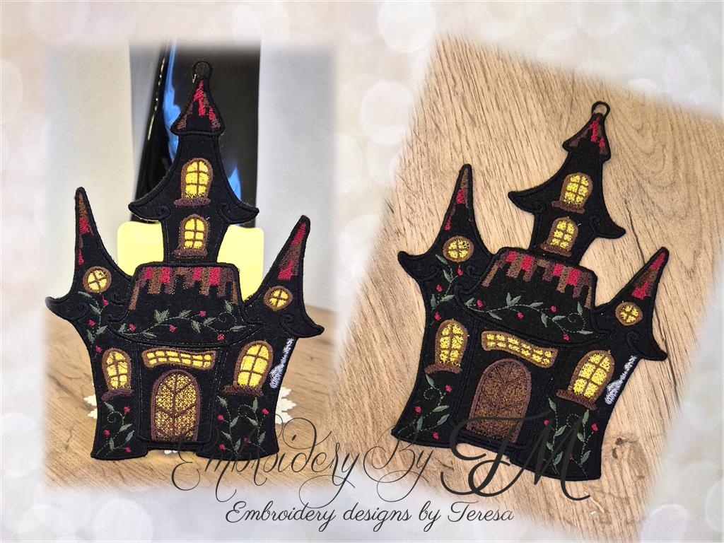 Halloween house No.3/combination of felt and lace/5x7 hoop/two variations