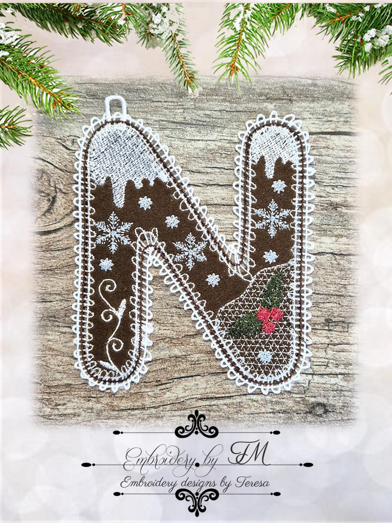 N gingerbread alphabet/5x7 hoop/combination of felt and lace
