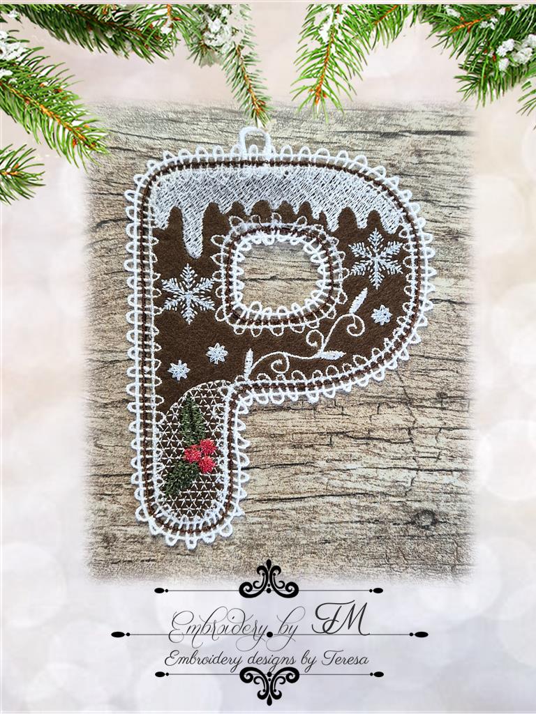 P gingerbread alphabet/5x7 hoop/combination of felt and lace