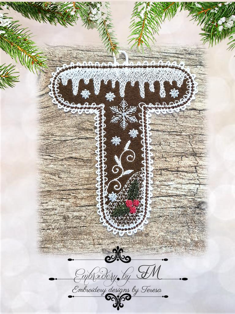 T gingerbread alphabet/5x7 hoop/combination of felt and lace