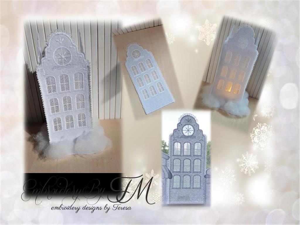 Lantern or window decoration / House No.5 / Combination of felt and lace