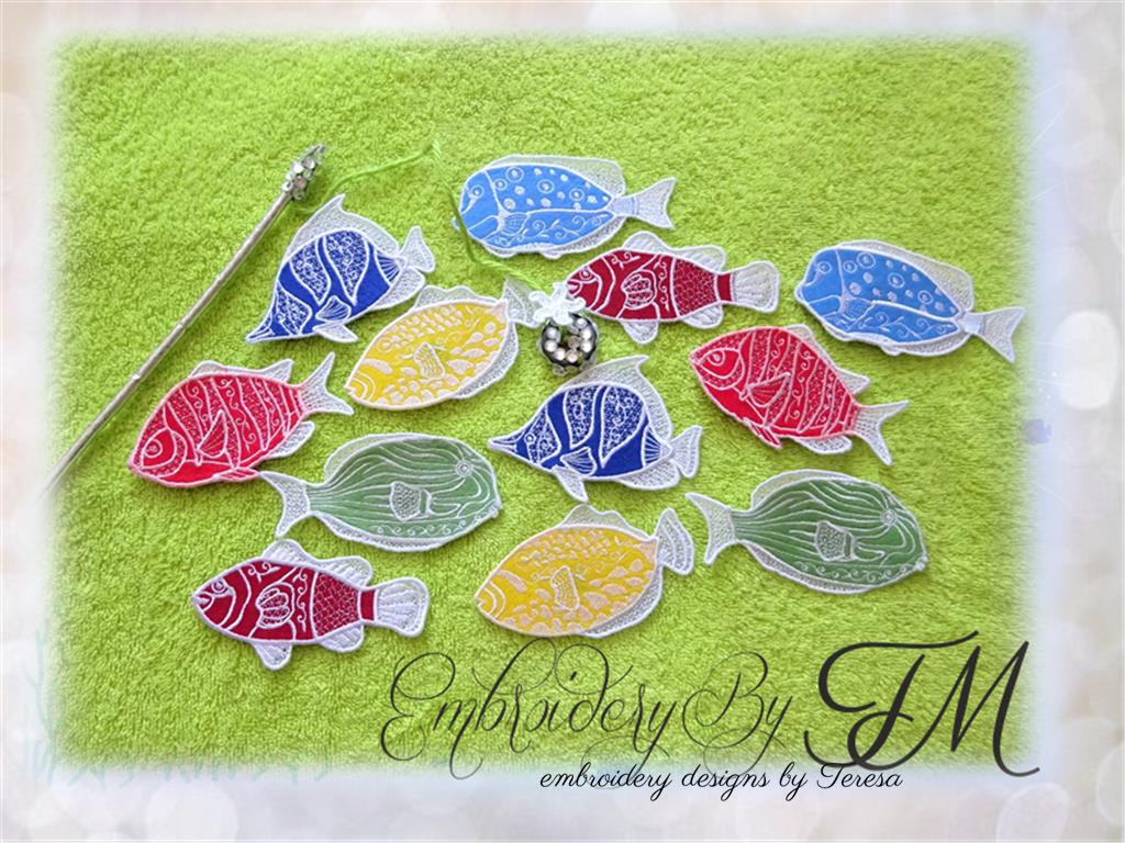 Fishing Game combination felt and lace / 6 pieces of fish/two variations/ design for a game or design with a loop for decoration.