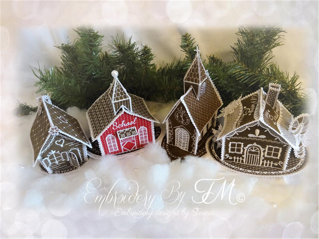 Large set of gingerbread houses /combination of felt and lace