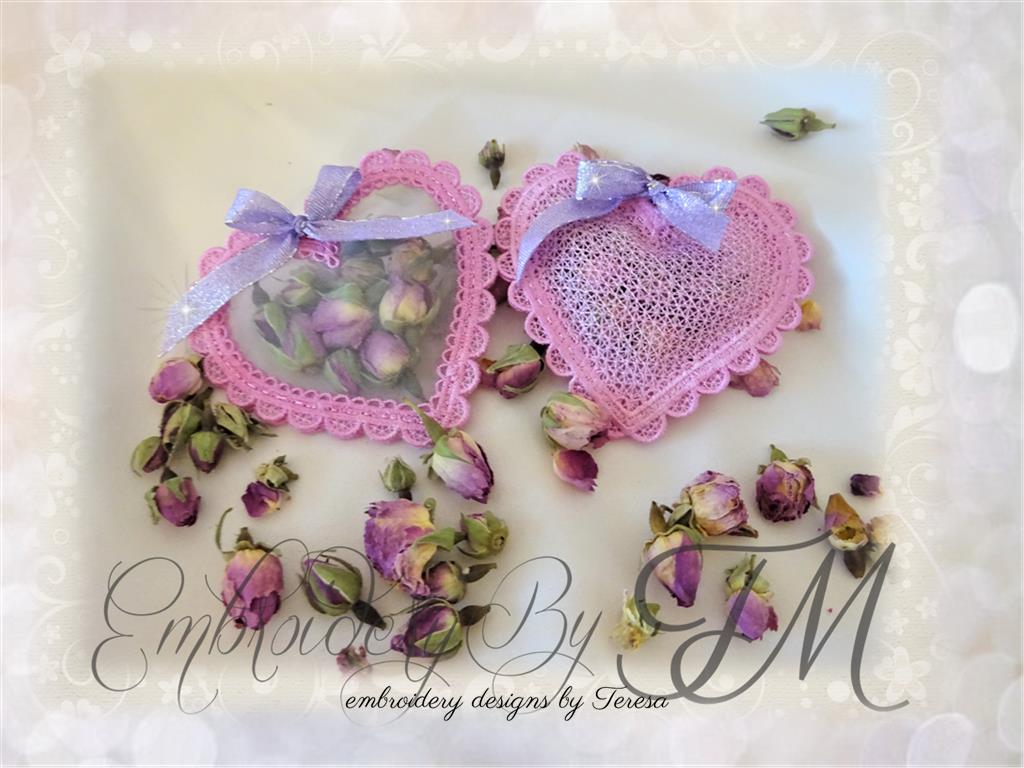 Hearts on soaps or dried flowers/two variations / embroidery on organza or lace/ 4x4 hoop
