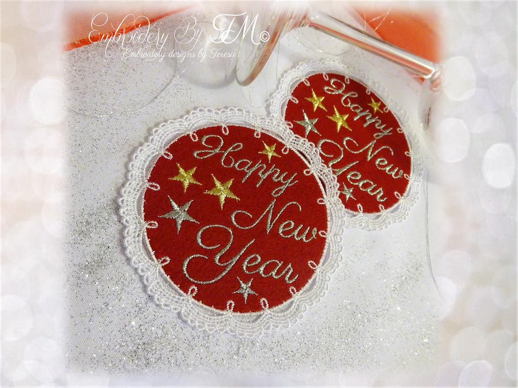 Coaster  Happy New Year / combination lace and felt 4x4 hoop