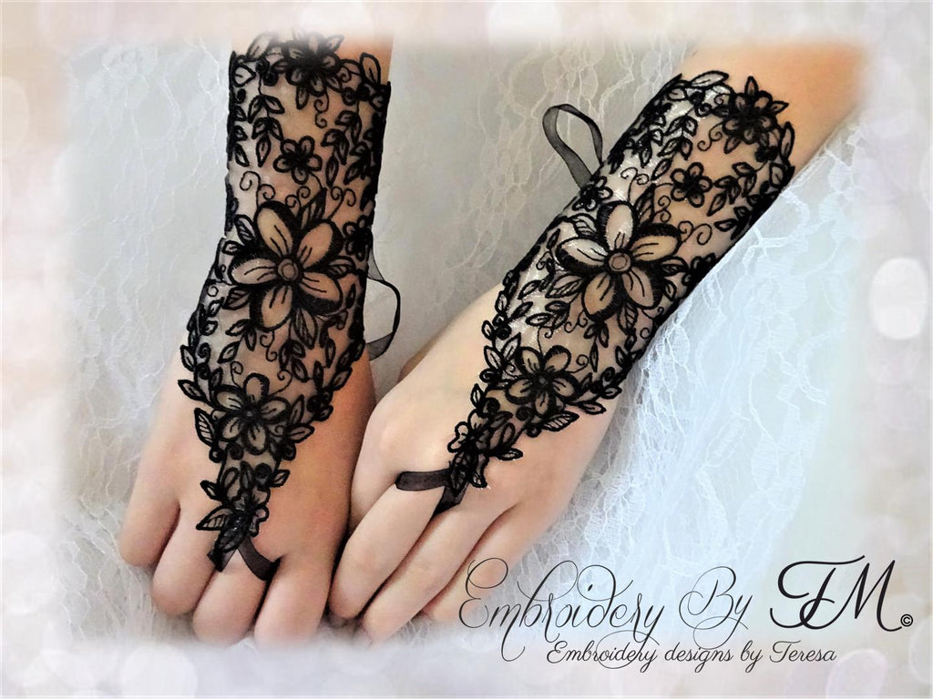 Ceremonial Gloves with flowers - embroidery on organza / two sizes/machine embroidery design