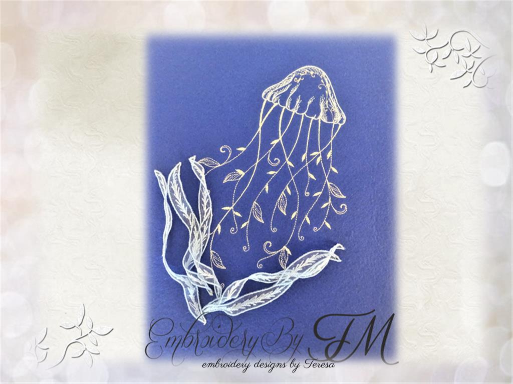 Jellyfish embroidery in combination with 3D leaves ( leaves embroidered on organza)/ three sizes