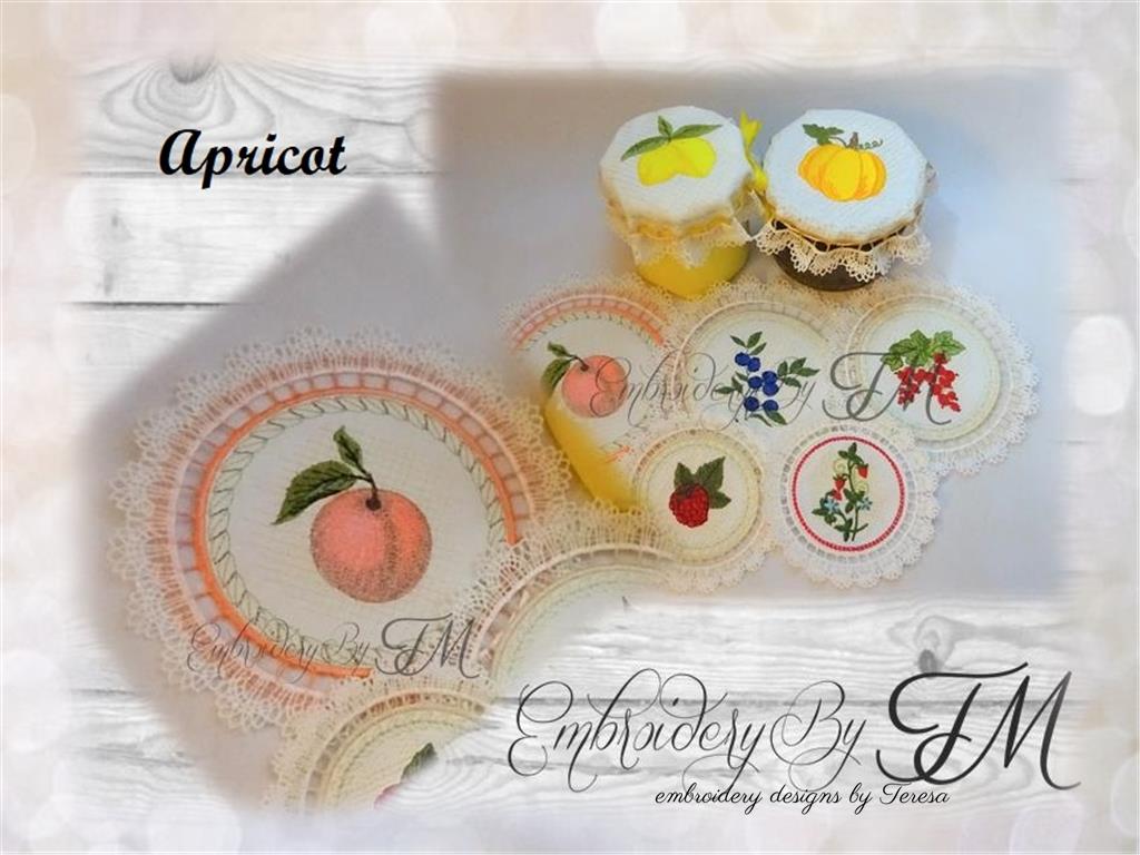 Jam jar covers or coaster - Apricot / 4 sizes – Embroidery by TM - designs  by Teresa s.r.o.