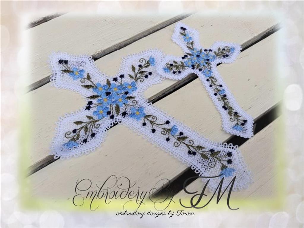 Lace cross with forget-me-nots / two sizes / 5x7 hoop and 4x4 hoop