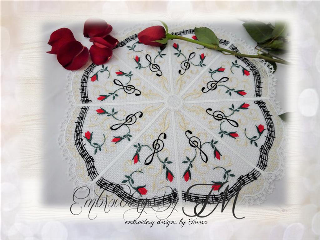 Lace doily with notes and treble clef / 5x7 hoop
