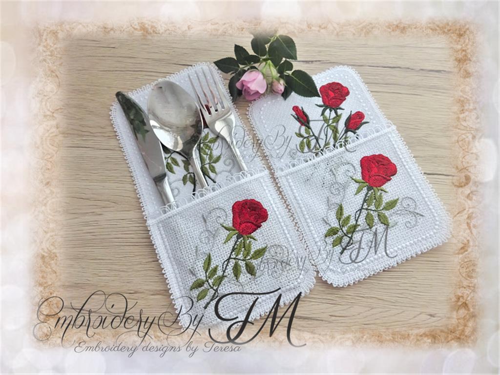 Cutlery holder Rose / two sizes / 6x10 hoop and 5x7 hoop/combination lace and felt