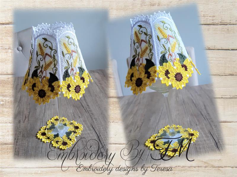 Wine glass shades sunflower+coaster/ 5x7 hoop