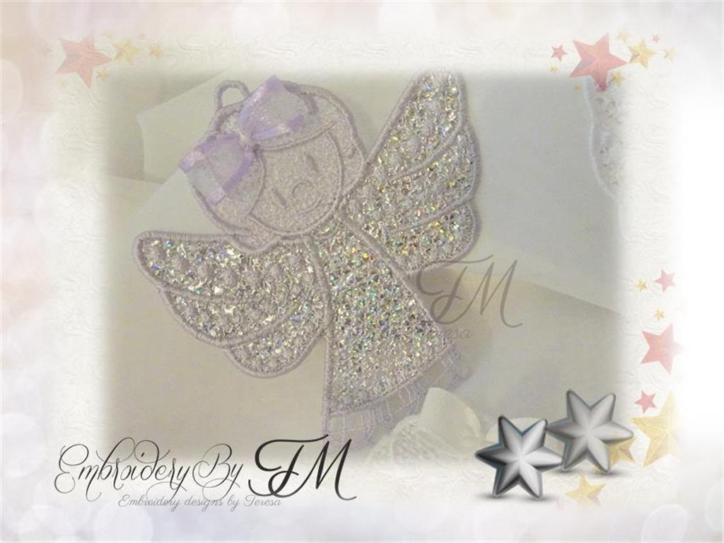 Small Christmas angel / 4x4 hoop / lace angel and angel mylar foil