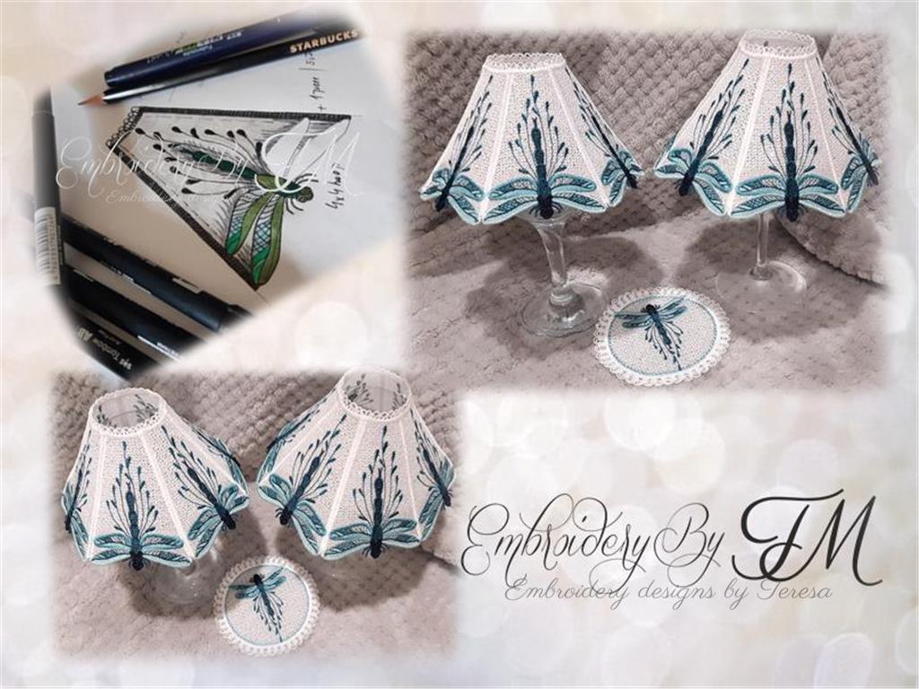 Wine glass shades dragonfly+ coaster / 5x7 hoop and 4x4 hoop