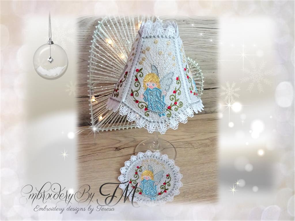 Wine glass shades with Angel- dress of the angel with mylar foil+coaster/ 5x7 hoop