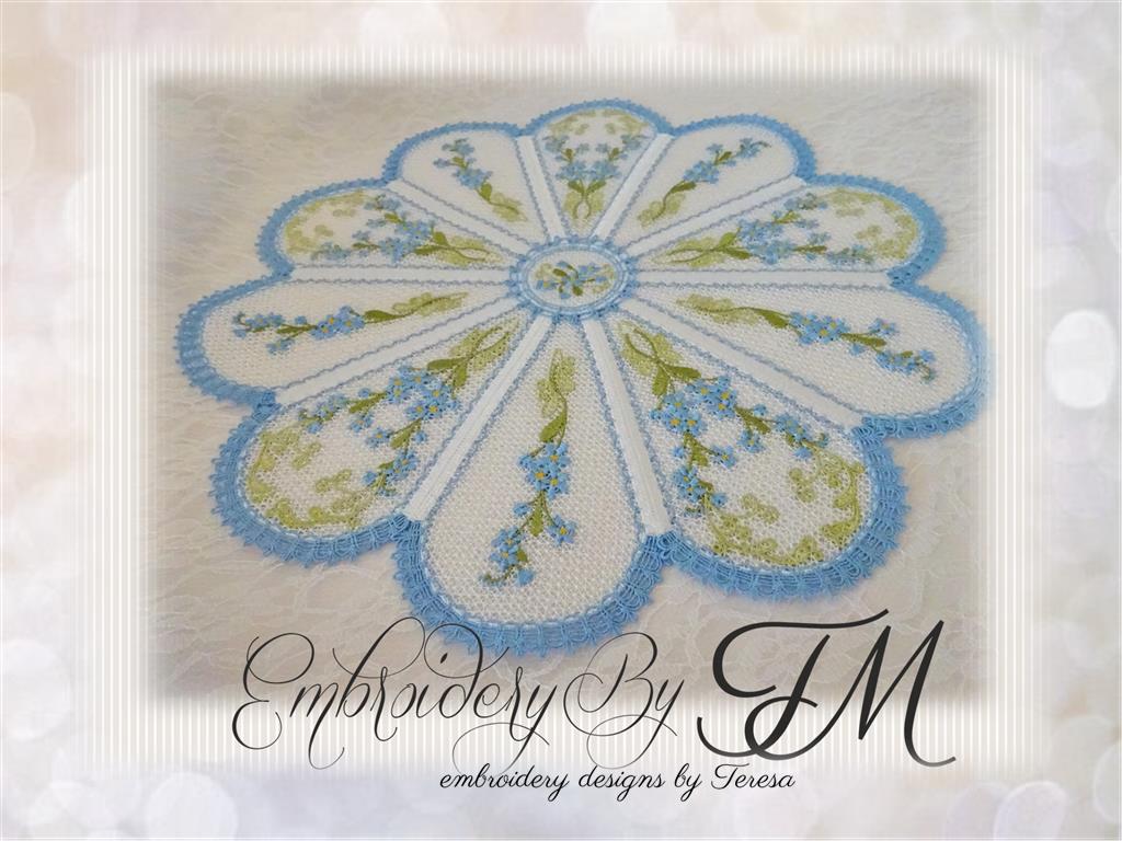 Large lace doily with mini blue flowers/ 5x7 hoop