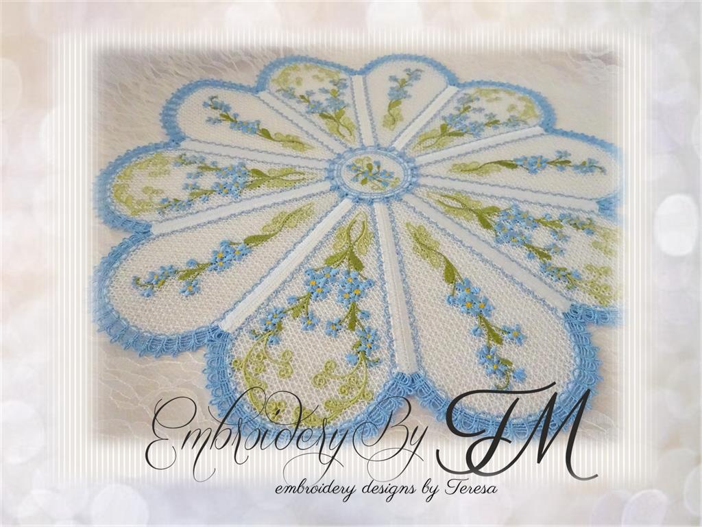 Large lace doily with mini blue flowers/ 5x7 hoop