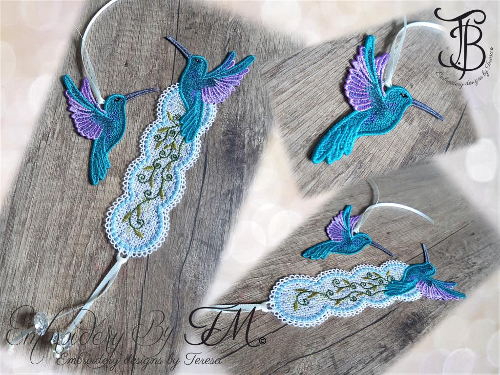 Bookmark with Hummingbird and Hummingbird/ the bookmark is in a 5x7 hoop and the separate Hummingbird is in a 4x4 hoop