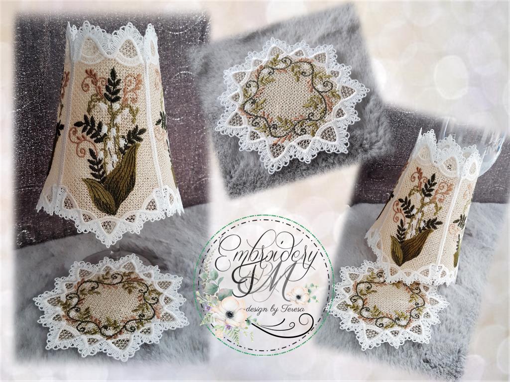 Wine glass shades with Lily of the valley+ coaster/5x7 hoop