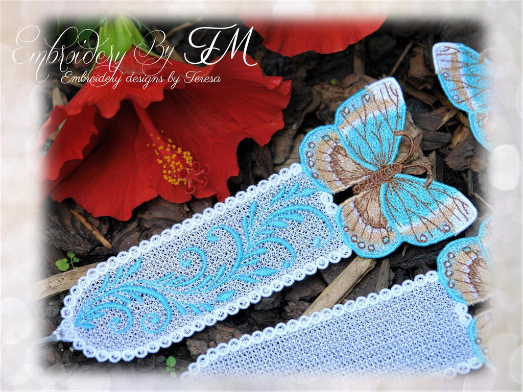 Bookmark with butterfly and butterfly/ the bookmark is in a 5x7 hoop and the separate butterfly is in a 4x4 hoop