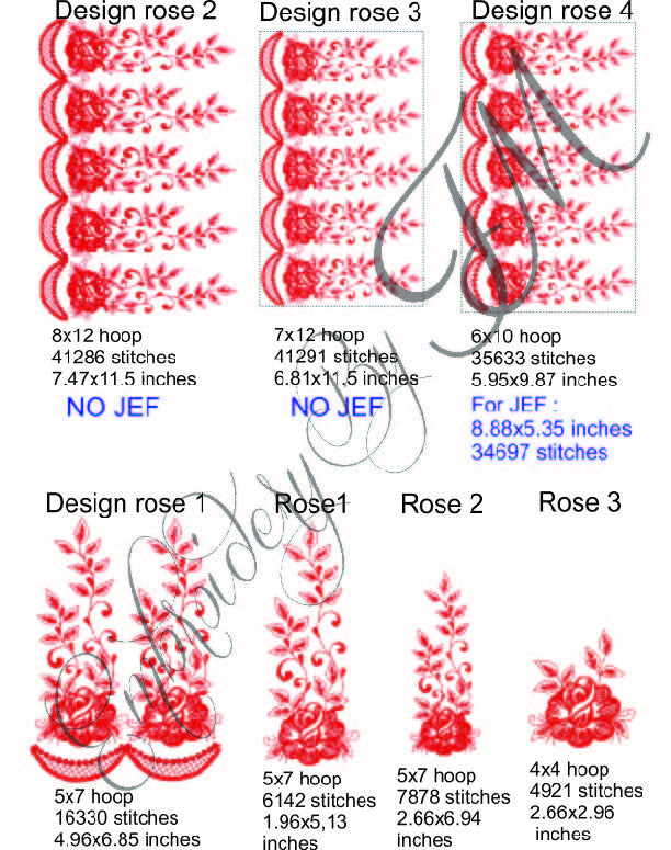 Large set / Design rose /5 variations of designs/Embroidery on organza
