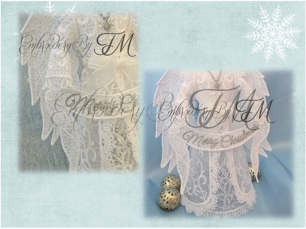 Angel 3D - Merry Christmas / The inscription on the ribbon is in four languages-English, French, German /5x7 hoop