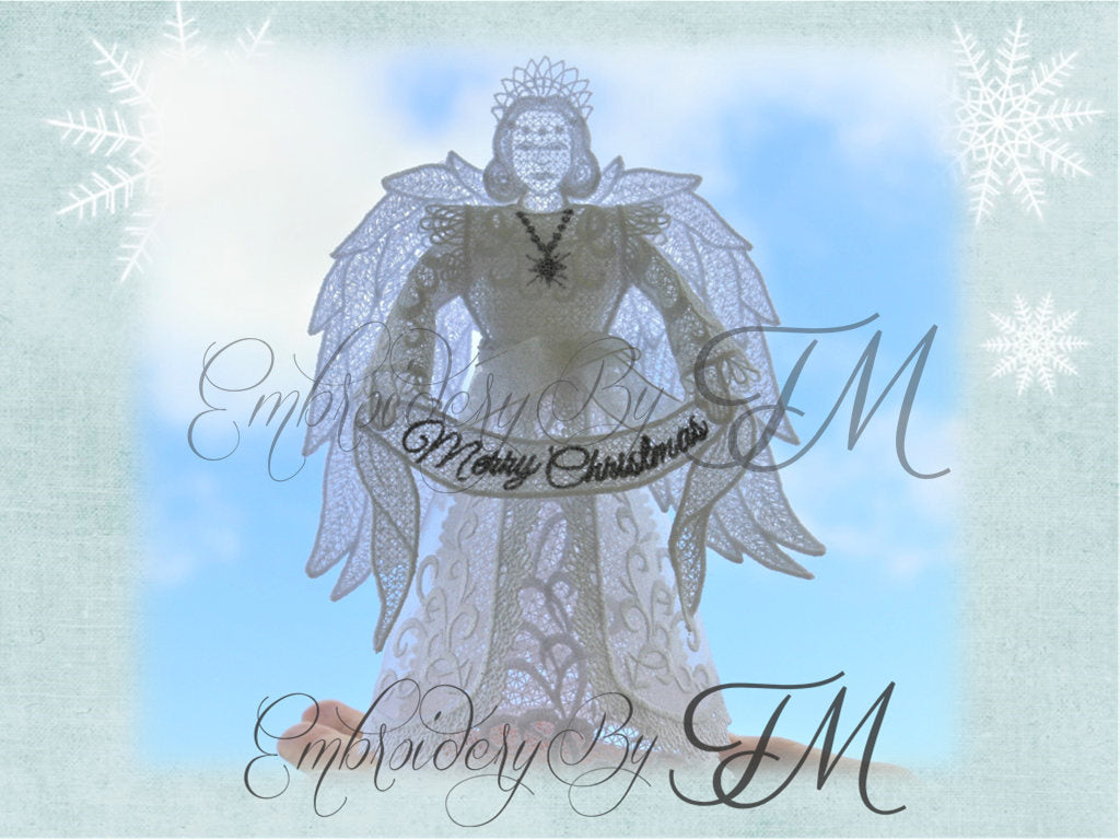 Angel 3D - Merry Christmas / The inscription on the ribbon is in four languages-English, French, German /5x7 hoop