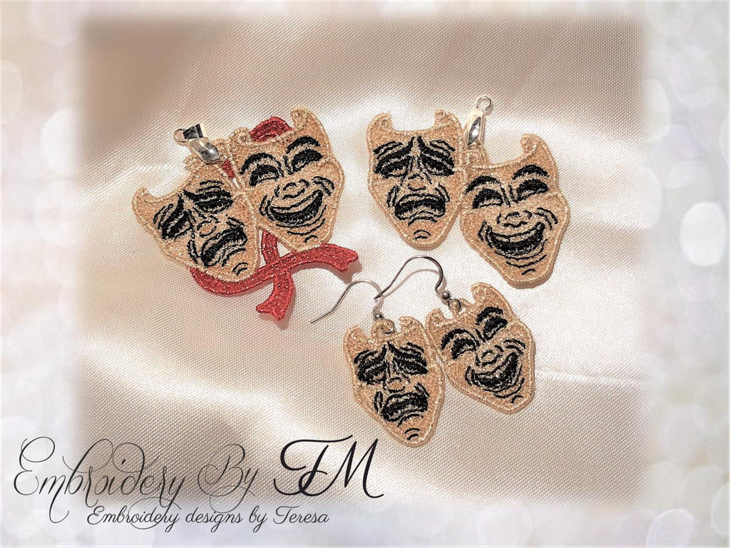 Theatre masks/ comedy and tragedy jewelry/4x4 hoop