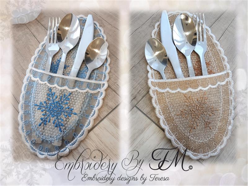 Cutlery holder with snowflakes/ 6x10 hoop /design on organza or fabric