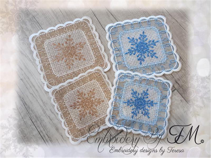 Coaster square with snowflakes/ 4x4 and 5x7 hoop /design on organza or fabric