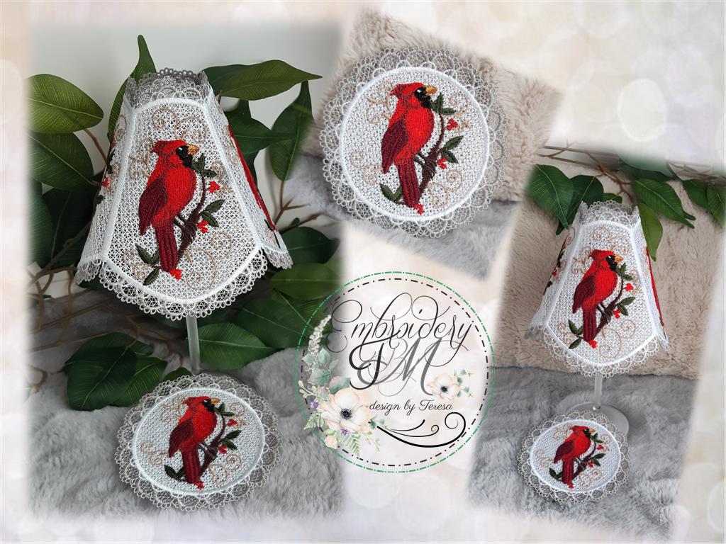 Wine glass shades with Red cardinal + coaster/ 5x7 hoop