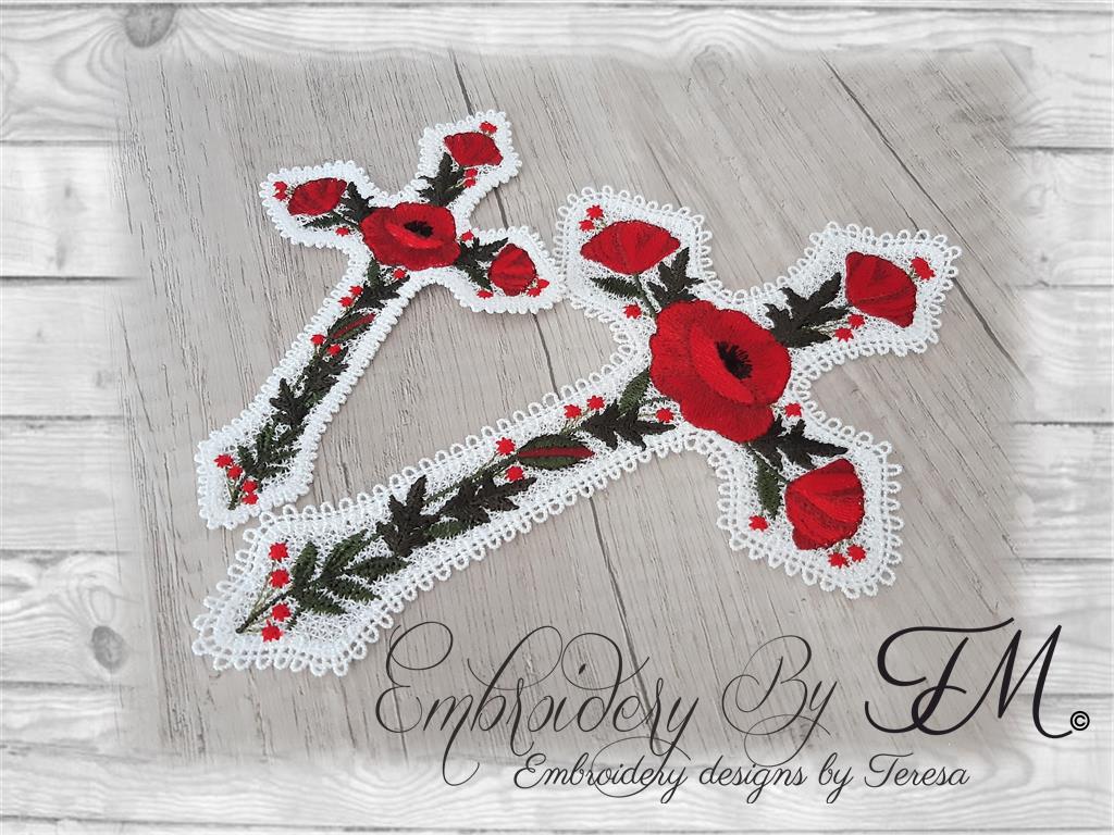 Lace cross with Poppies / two sizes / 5x7 hoop and 4x4 hoop